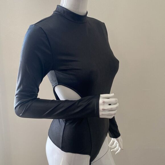 Dolls Kill Endless Blu Long Sleeve Shiny Leather Look Bodysuit w Side Cutouts - Picture 4 of 7